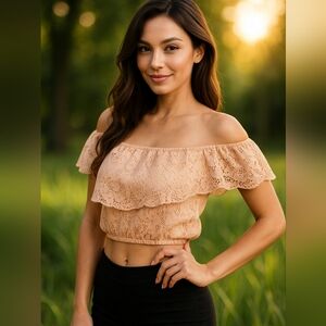 Charlotte Russe Lace Ruffle Neck Pale Pink Crop Top Size Medium (NWT)